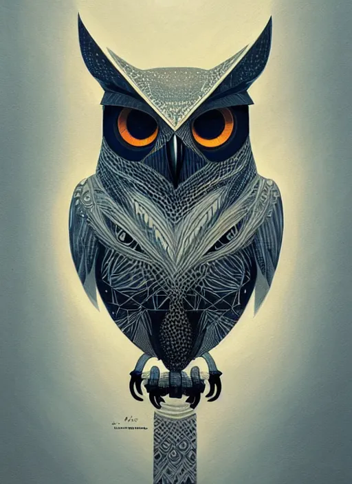 Image similar to portrait of a geometric owl, identical eyes, medium shot, illustration, full body made of white feathers, symmetrical, art stand, super detailed, cinematic lighting, and its detailed and intricate, gorgeous, by peter mohrbacher