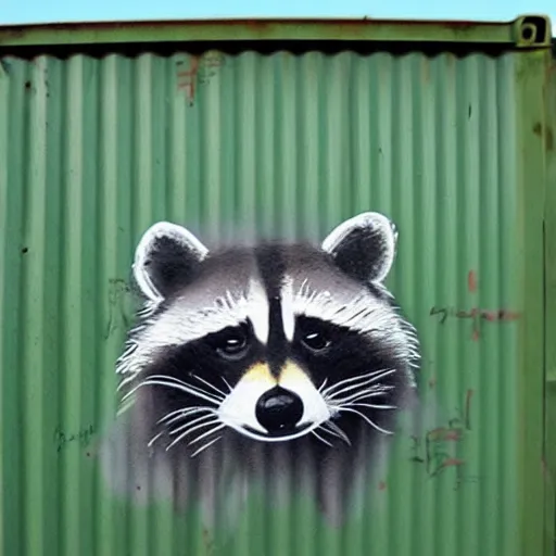 Prompt: raccoon graffiti on rusty green shipping container,