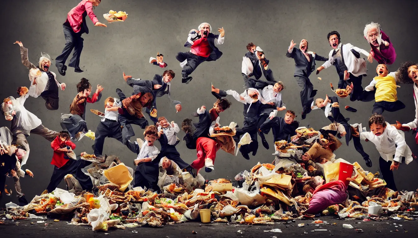 Image similar to disheveled children in rags obese men in suits and old people fighting in a fast food restaurant over piles half eaten rotting fast food, money floats in the air, hyper realistic photo, full colour, upscale, 8 k, masterpiece,