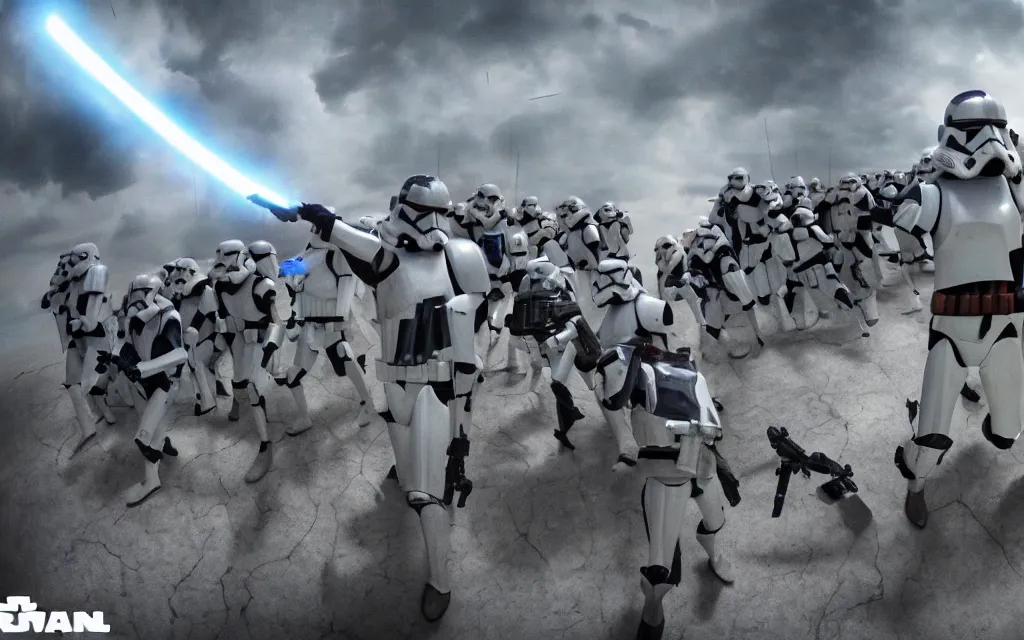 Prompt: anakin after turning to the dark side storming the Jedi temple with an army of clone troopers, wide angle lens shot, hdr