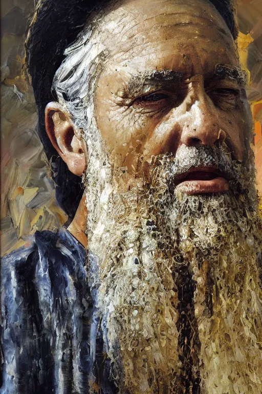 Image similar to highly detailed palette knife oil painting of a historically accurate depiction of the ancient biblical israeli king solomon, wealthy, wise, by Peter Lindbergh, impressionistic brush strokes, painterly brushwork