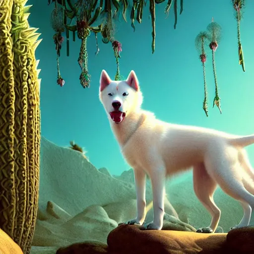 Prompt: white alaskan husky puppy creature in a desert lush oasis, warm tones : : by guillermo del toro, daniel merriam, victo ngai and michal karcz : : ornate, dynamic, particulate, intricate, elegant, highly detailed, centered, artstation, smooth, sharp focus, octane render