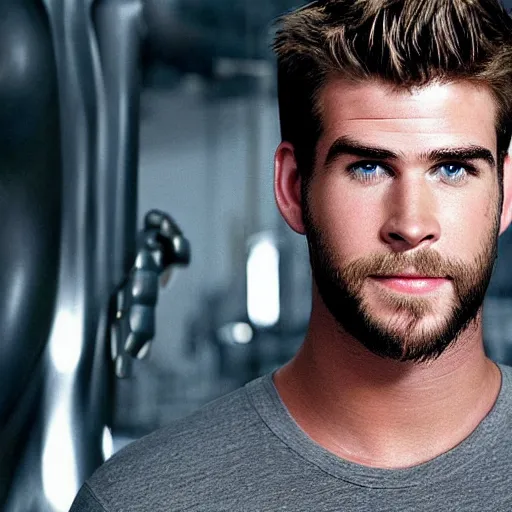 Image similar to a realistic detailed photo of a guy who is an attractive humanoid who is half robot and half humanoid, who is a male android, actor liam hemsworth, shiny skin, posing like a statue, blank stare, in a factory, on display, showing off his muscles