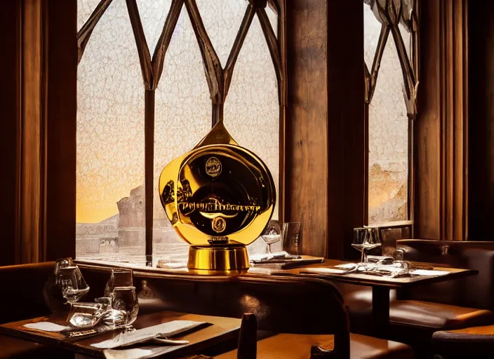Prompt: a reflective symmetrical polyhedral steel engineering trophy at a high end bar in a medieval themed castle in golden afternoon light, professional food photography