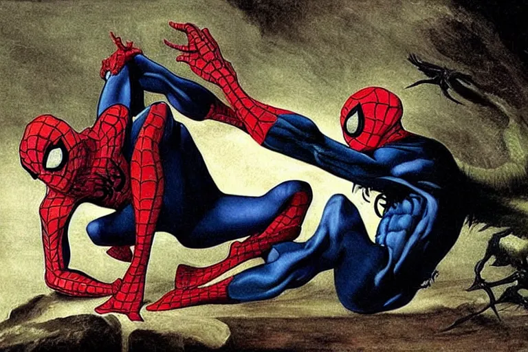 Image similar to spider man is fighting green goblin, in style of Caravaggio, dramatic lightning,