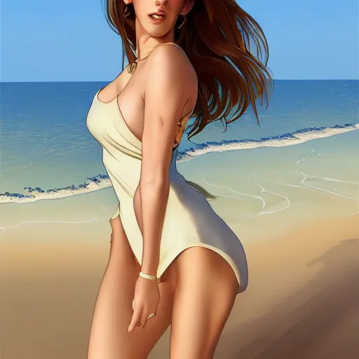 Image similar to full body portrait of addison rae wearing a skintight dress in a beach, intricate, elegant, highly detailed, digital painting, artstation, smooth, sharp focus, illustration, art by artgerm and greg rutkowski and alphonse mucha, 8 k