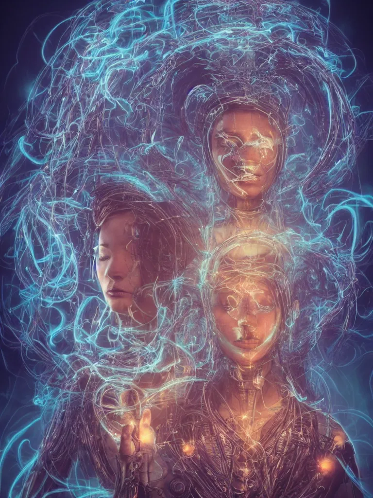 Prompt: an ancient mystical alluring female shaman generating flowing energy and surrounded by wisps of incense smoke meditating in a cybernetic robot temple , face face face