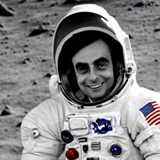 Image similar to carl sagan dressed in an astronaut suit on the moon, not wearing a helmet