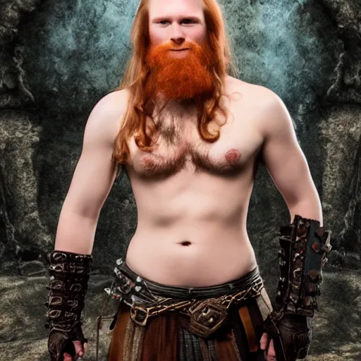 Image similar to ginger viking with flowing long wavy hair in leather and metal armor, bare chest, very pale, very hairy, very muscular, very tall, full body picture, fantasy, dungeons and dragons, detailed digital art, 4 k