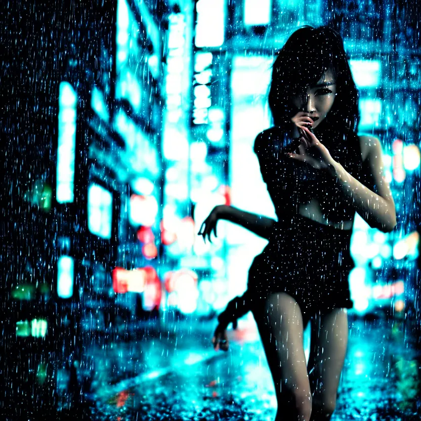 Image similar to a photo close up cyberpunk woman dance in rain, cyberpunk gunma prefecture, midnight, photorealistic, cinematic lighting, highly detailed, bokeh, style by tomino - sama