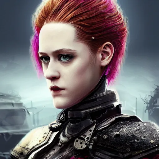 Image similar to evan rachel wood portrait, dystopia core, apocalyptic, armor, warrior, dramatic, sharp focus, fiction, neon, fantasy, hyper detailed, digital art, trending in artstation, cinematic lighting, studio quality, smooth render, unreal engine 5 rendered, octane rendered, art style and nixeu and wlop and krenz cushart