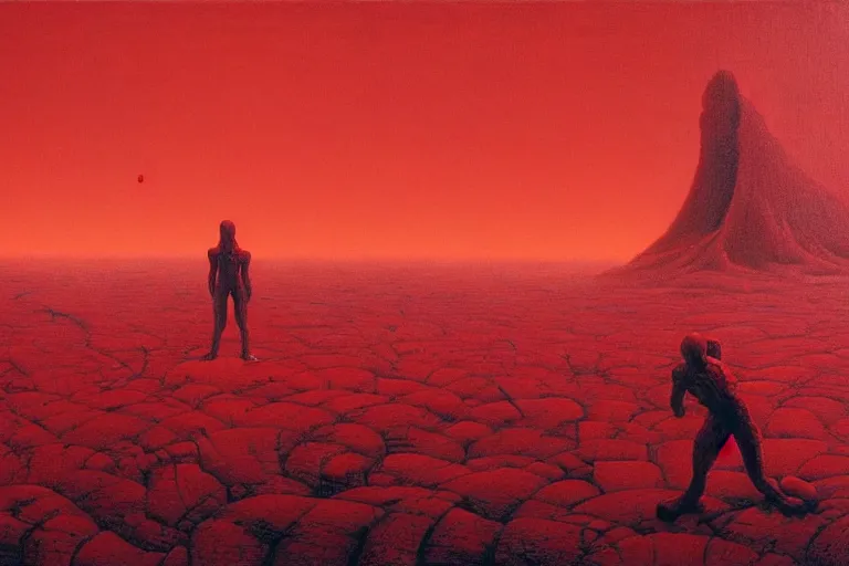 Image similar to only with red, red god of death eat apple, a futuristic city on mars in the background, red worms on the floor, in the style of beksinski, part by hopper, part by rodcenko, part by hofbauer, intricate composition, red by caravaggio, insanely quality, highly detailed, masterpiece, red light, artstation, 8 k