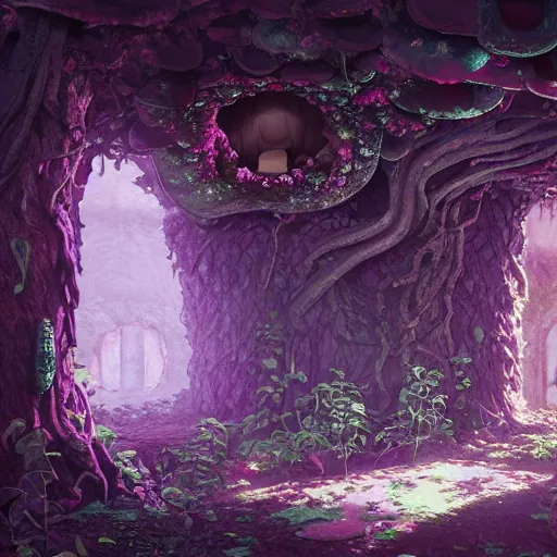 Image similar to concept art painting of a interior of a circular fantasy fungus house made of mushrooms, with black vines, realistic, detailed, cel shaded, magenta and gray, dark, in the style of makoto shinkai and greg rutkowski and james gurney