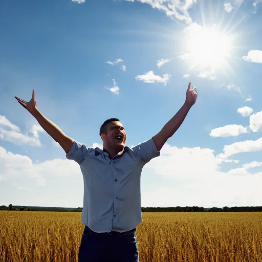 Image similar to happy man standing in a field with arms in the air