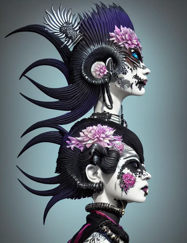 Image similar to 3 d goddess close - up profile portrait punk with mohawk in victorian style with ram skull. beautiful intricately detailed japanese crow kitsune mask and clasical japanese kimono. betta fish, jellyfish phoenix, bio luminescent, plasma, ice, water, wind, creature, artwork by tooth wu and wlop and beeple and greg rutkowski