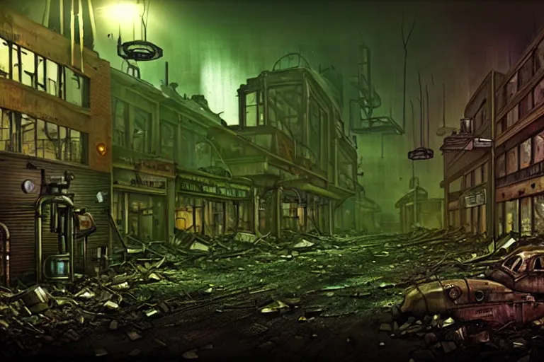 Image similar to dieselpunk town dystopian decay post apocalyptic night spotlights