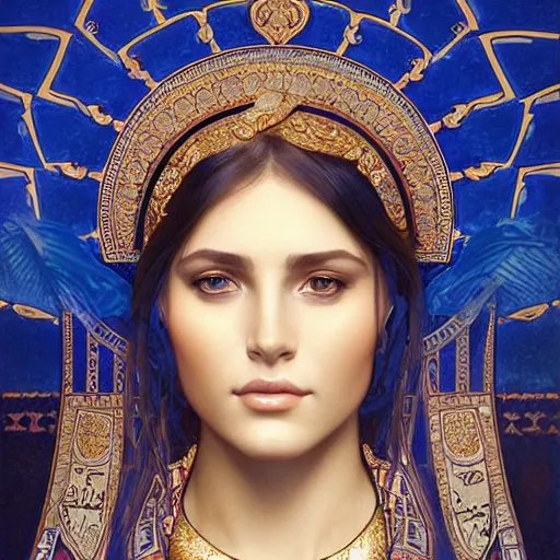 Prompt: a beautiful portrait of a woman inspired by the ishtar gate in ancient babylon. highly detailed face. art by artgerm and greg rutkowski and alphonse mucha