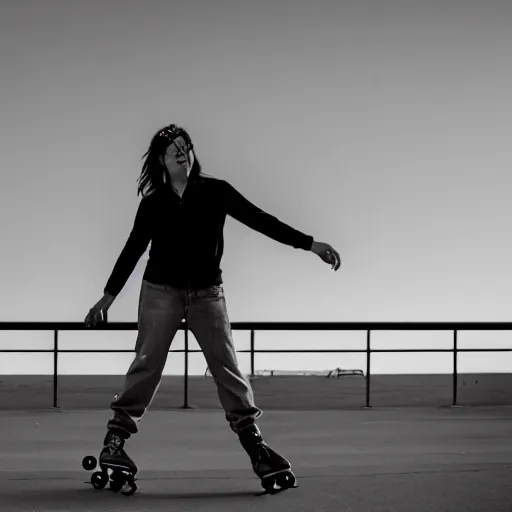 Prompt: a roller skater in a cinematic shot in santa monica, mid - afternoon, canon eos c 3 0 0, ƒ 1. 8, 3 5 mm, 8 k, medium - format print, inspired by roger deakins cinematography