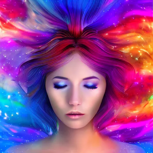 Prompt: portrait of a beautiful woman with iridescent translucent hair, her eyes are closed, hair is floating, digital art, ethereal, galaxy swirls, space, chaotic