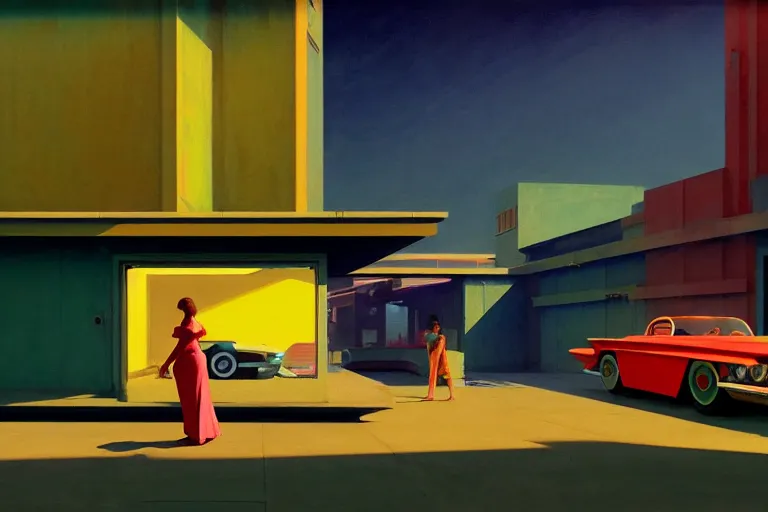 Image similar to a cinematic matte painting of a boxy 1 9 6 0 s vaporwave retro - futurism sci - fi car with solar panels on roof and doors in a cluttered garage in mumbai. by edward hopper, glennray tutor and greg rutkowski. trending on artstation.