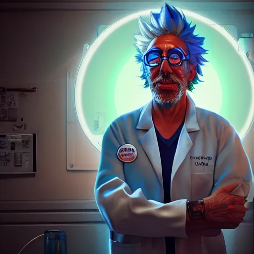Prompt: portrait of old rick sanchez, lab coat and tee shirt, lens flare, atmosphere, glow, detailed, intricate, full of colour, cinematic lighting, trending on artstation, 4 k, hyperrealistic, focused, extreme details, unreal engine 5, cinematic, masterpiece