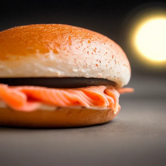 Image similar to cream cheese smoked salmon bagel, splash art, movie still, cinematic lighting, dramatic, octane render, long lens, shallow depth of field, bokeh, anamorphic lens flare, 8 k, hyper detailed, 3 5 mm film grain