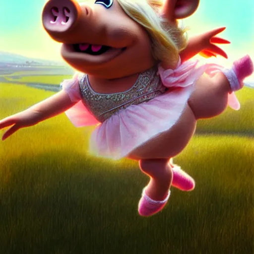 Image similar to cute miss piggy falling from plane, cute and cuddly, highly detailed, photorealistic, octane render, 8 k, unreal engine. art by artgerm and greg rutkowski and alphonse mucha