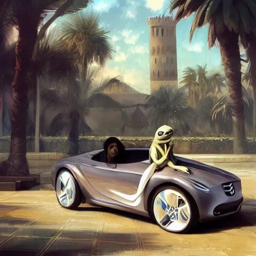 Prompt: kermit inside a car, wlop, mercedes, moroccan city, mosque, palm trees, redneck country, style in digital painting, concept art, smooth illustration, by ruan jia and mandy jurgens and william - adolphe bouguereau, artgerm