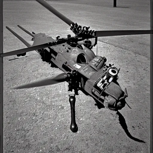 Prompt: weaponized Apache helicopter made out of bones, 35mm film, 50mm f1.8