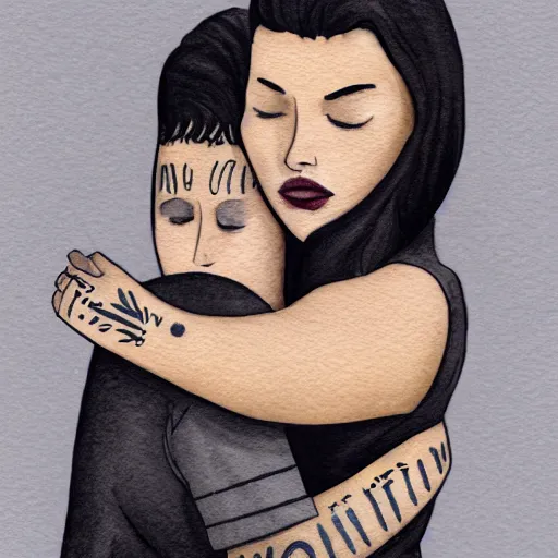 Prompt: Hot young woman, grey skin, void eyeballs, tattoos, wearing a leather jacket, hugging a shrouded person as they cry on her chest, comforting, touching, wholesome, art, watercolour, big sister, little brother, 4k concept art, digital art