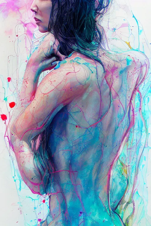 Image similar to gal gadot by agnes cecile enki bilal moebius, intricated details, 3 / 4 back view, full body portrait, extremely luminous bright design, pastel colours, drips, autumn lights