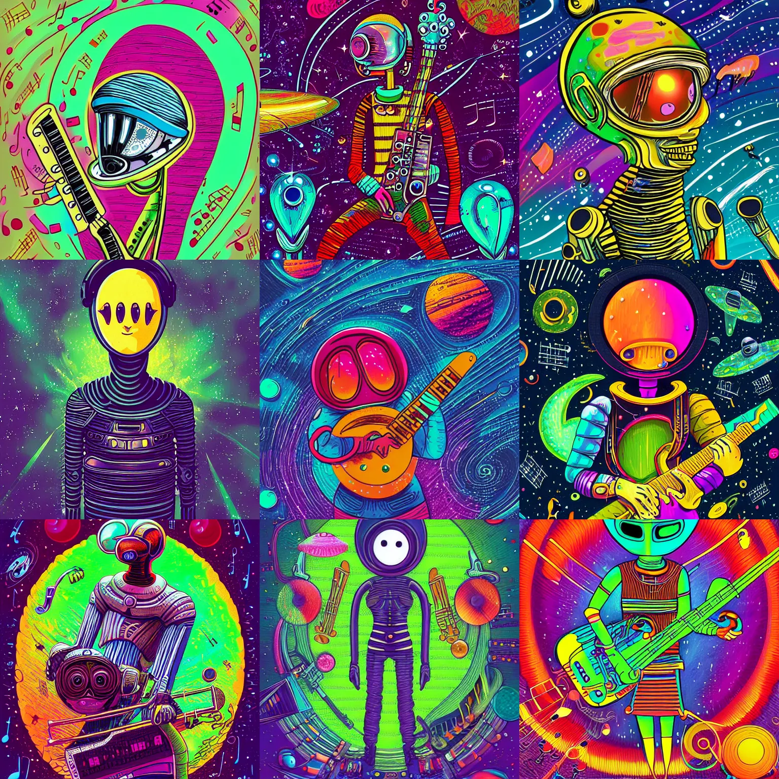 Prompt: an alien musician lost in space by muti, highly detailed, colorful, digital art, hd