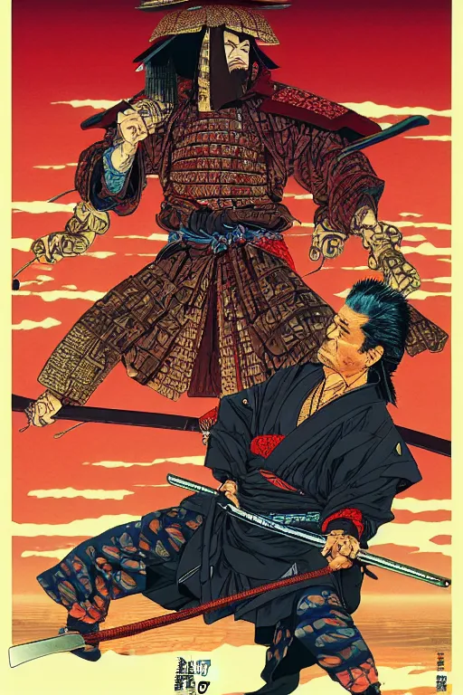 Image similar to poster of joe pesci as a samurai, by yoichi hatakenaka, masamune shirow, josan gonzales and dan mumford, ayami kojima, takato yamamoto, barclay shaw, karol bak, yukito kishiro
