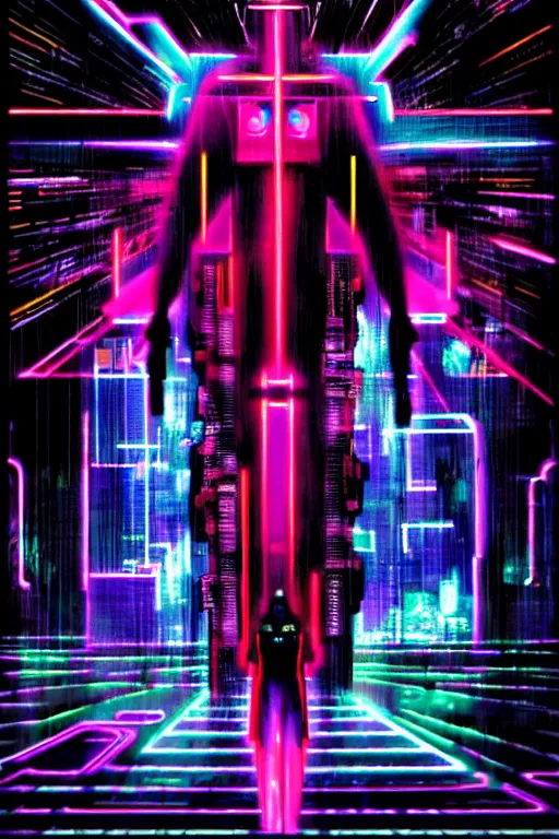 Prompt: cruxifiction of the technochrist, cyberpunk, bladerunner, rain, neon, holy, sacrifice, future, neo testament, video artifacts