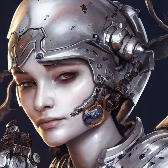 Prompt: close up portrait of a pale female cyborg in space marine armor as beautiful, stoic, elegant,, focused an ultrafine hyperdetailed illustration by kim jung gi, irakli nadar, intricate linework, detailed faces, octopath traveler, unreal engine highly rendered, global illumination, radiant light, detailed and intricate environment