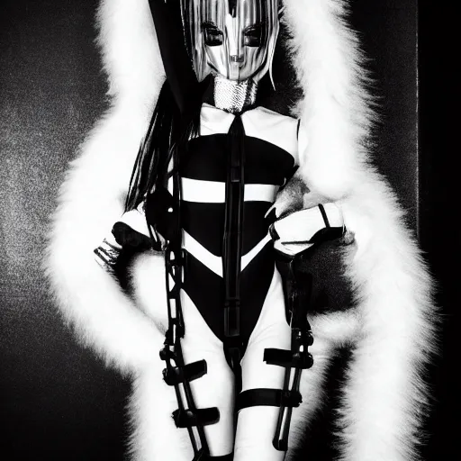 Prompt: fashion black and white photography of an alien model, wearing demobaza fashion, inside berghain, berlin fashion, harness, futuristic fashion, dark minimal outfit, photo 3 5 mm leica, hyperdetail, berghain, 8 k, very detailed, photo by nick knight