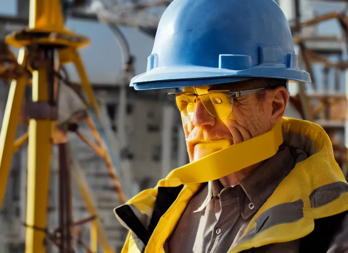 Prompt: closeup portrait of mecha bryan cranston construction crane frame, yellow hardhat, natural light, bloom, detailed face, magazine, press, photo, steve mccurry, david lazar, canon, nikon, focus c 9. 5