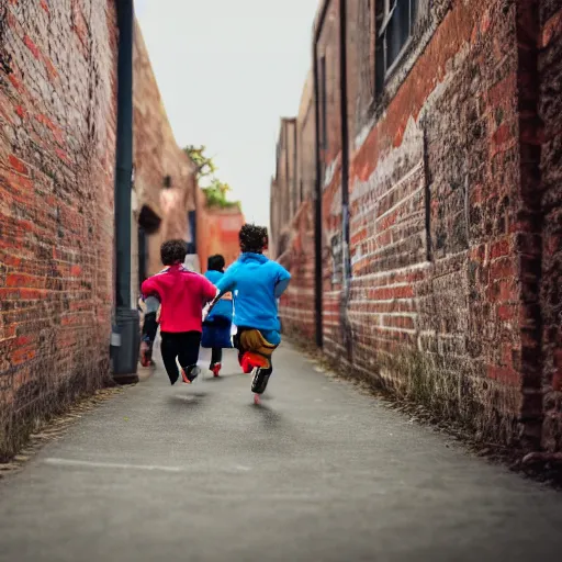 Image similar to kids running down a school alleyway in a hype, photorealistic, 4k, award-winning