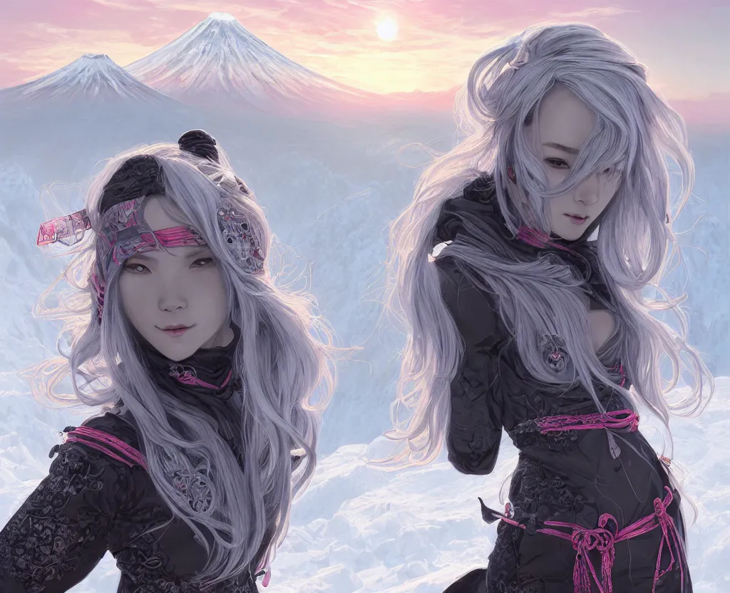 Image similar to portrait grey hair ninja gaiden girl, black plus little pink ninja wardrobe, at snowy fuji mountain sunrise, ssci - fi and fantasy, intricate and very very beautiful, detailed, digital painting, artstation, concept art, smooth and sharp focus, illustration, art by tian zi and wlop and alphonse mucha