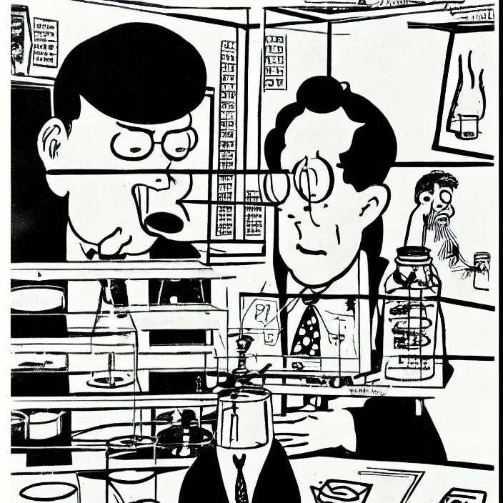 Image similar to a still frame from comic strip, a scientist making funny experiment 1 9 5 0, herluf bidstrup, new yorker illustration, monochrome contrast bw, lineart, manga, tadanori yokoo, simplified,