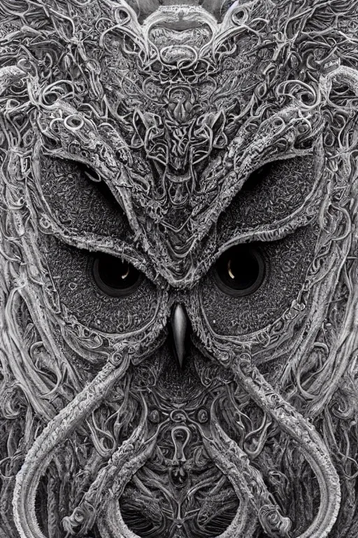 Image similar to realistic portrait of beautifully crystalized and detailed portrait of a eyeless owl, tentacles, tendrils, eldritch, matte painting of cinematic movie scene red dragon, horror, created by gustave dore and greg rutkowski, high detailed, smooth draw, synthwave neon retro, intricate, realistic proportions, dramatic lighting, trending on artstation.