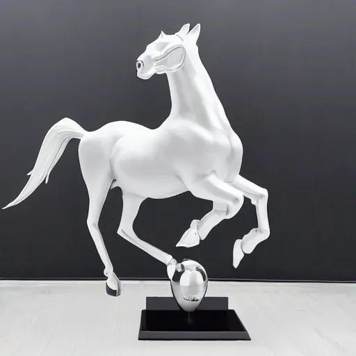 Prompt: cinematic photoshoot of clean modern hand crafted super futuristic tech horse sculpture pro display xpr luxury smooth color metal white silver with black leather padding well design ultrareallistic detailed high quality 8 k photorealistic ultra realistic