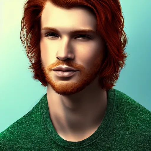 Prompt: professional digital art of a man with natural reddish hair and green eyes, popular, high quality, highly detailed, hd, 4 k