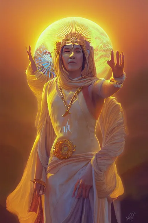 Image similar to the high Priestess of the sun god greets the day, 8k resolution digital painting by Michael Whelan, cinematic morning light