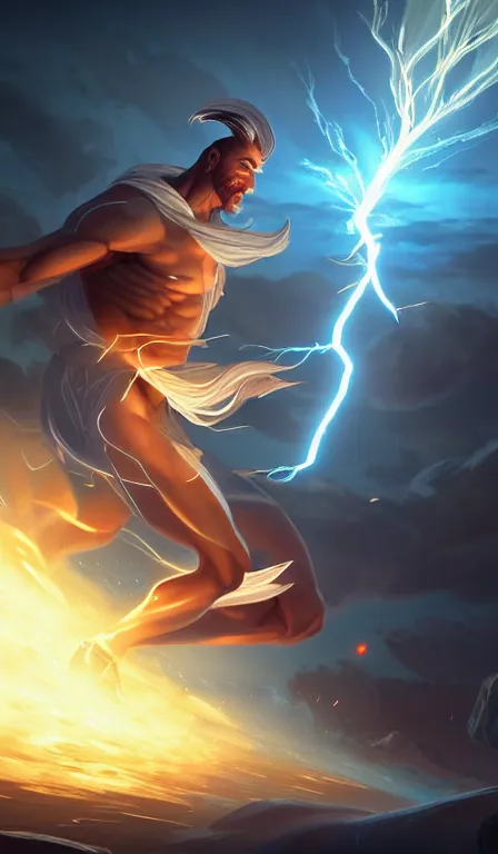 Image similar to the god zeus, lightning, action, epic, close up, sharp focus, digital art, concept art, dynamic lighting, character design by anna dittman and rossdraws, environment by jessica rossier