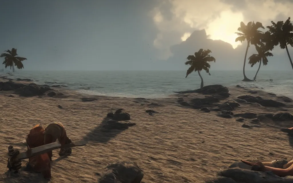 Image similar to waking up on the beach on rust video game with rock in hand, atmospheric, mist, epic, photorealistic, realistic, rule of thirds, extremely detailed, 4 k, 8 k, unreal engine 5 render, rim lighting, rtx, ray traced lighting, shot on 3 5 mm, film grain