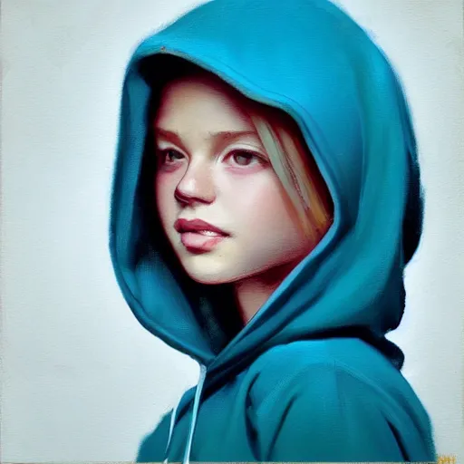 Image similar to greg manchess portrait of a beautiful teen girl with blonde hair, wearing a blue hoodie, medium shot, asymmetrical, swedish, sticker, profile picture, organic painting, matte painting, bold shapes, hard edges, street art, trending on artstation, by huang guangjian and gil elvgren and sachin teng and wlop and rossdraws and greg rutkowski