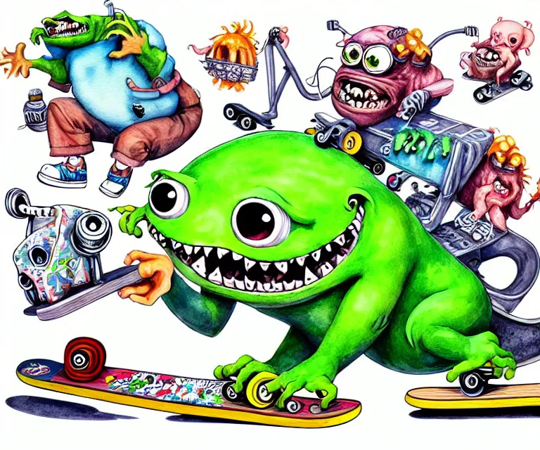 Image similar to cute and funny, monster on a skateboard, ratfink style by ed roth, centered award winning watercolor pen illustration, isometric illustration by chihiro iwasaki, edited by range murata, tiny details by artgerm and watercolor girl, symmetrically isometrically centered