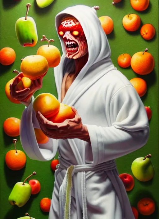 Image similar to full body shot of a monster man in a white robe, green skin, dressed in all white, covered in different fruit, apples, oranges, bananas, intricate, highly detailed, concept art, hyperrealistic, oil painting by greg staples and tristan eaton, 8 k