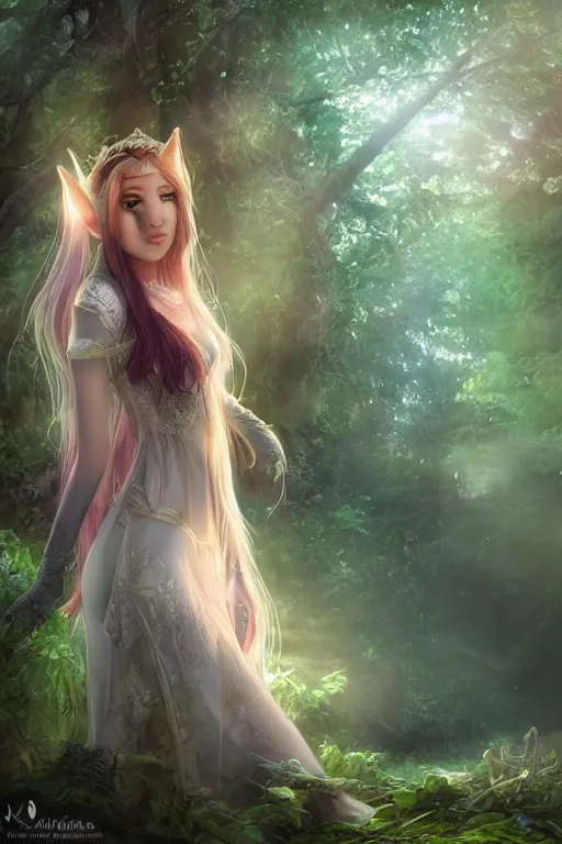 Image similar to beatiful elf princess in an enchanted forest, 3/4 side view, hair jewellery, fully clothed, light mist, light rays sieving through the trees, shallow depth of field, coherent composition, by Yuumei, by Artgerm